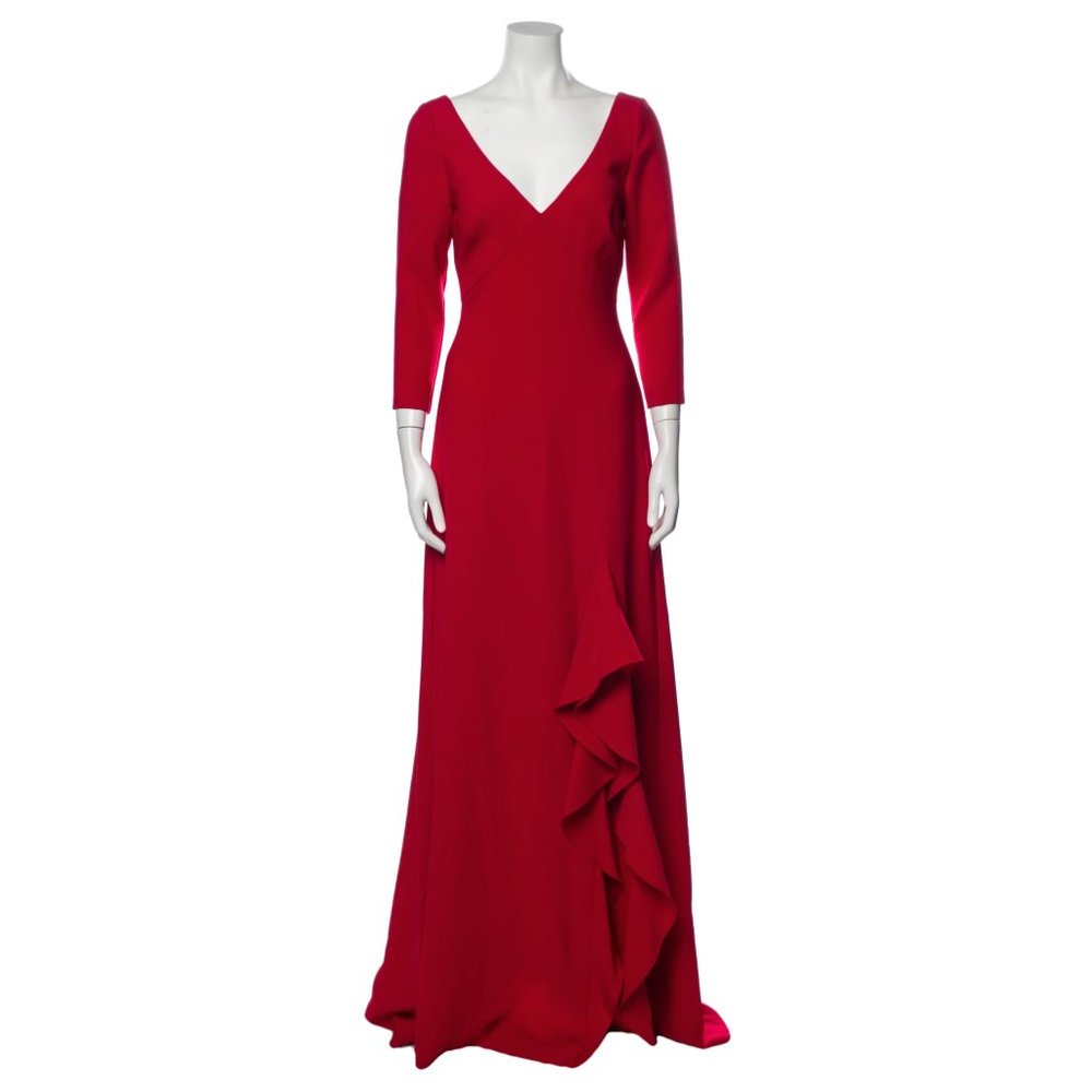 Theia Red V Neck 3/4 Sleeve Evening Gown with Ruffle Leg Slit Detail Size 2